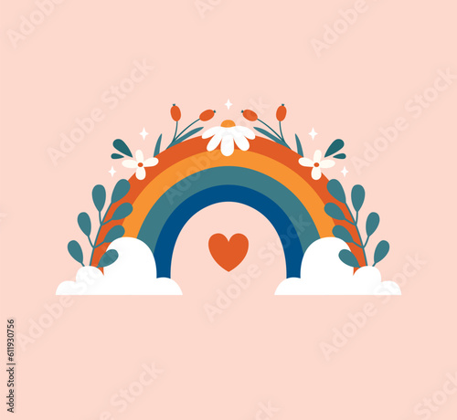 Modern positive illustration with cute rainbow, clouds, flowers, leaves, berries, stars. Mental health support conception. Sticker, clip art for card, banner, label, diary in boho style. Flat design.
