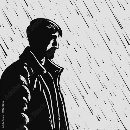 Sad man standing under the rain. Major depressive disorder. Vector illustration photo