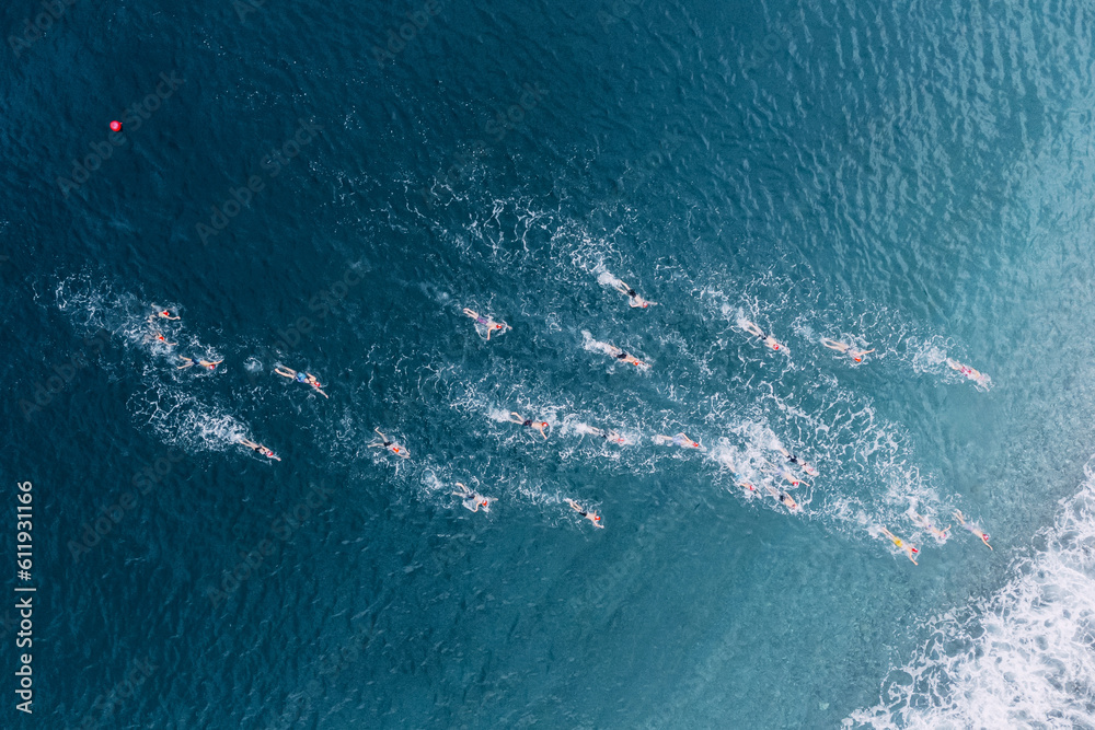 Aerial view of athletes at open water sea swimming competitions