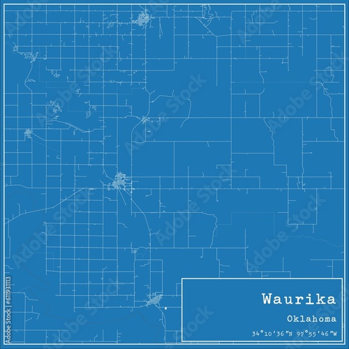 Blueprint US city map of Waurika, Oklahoma.