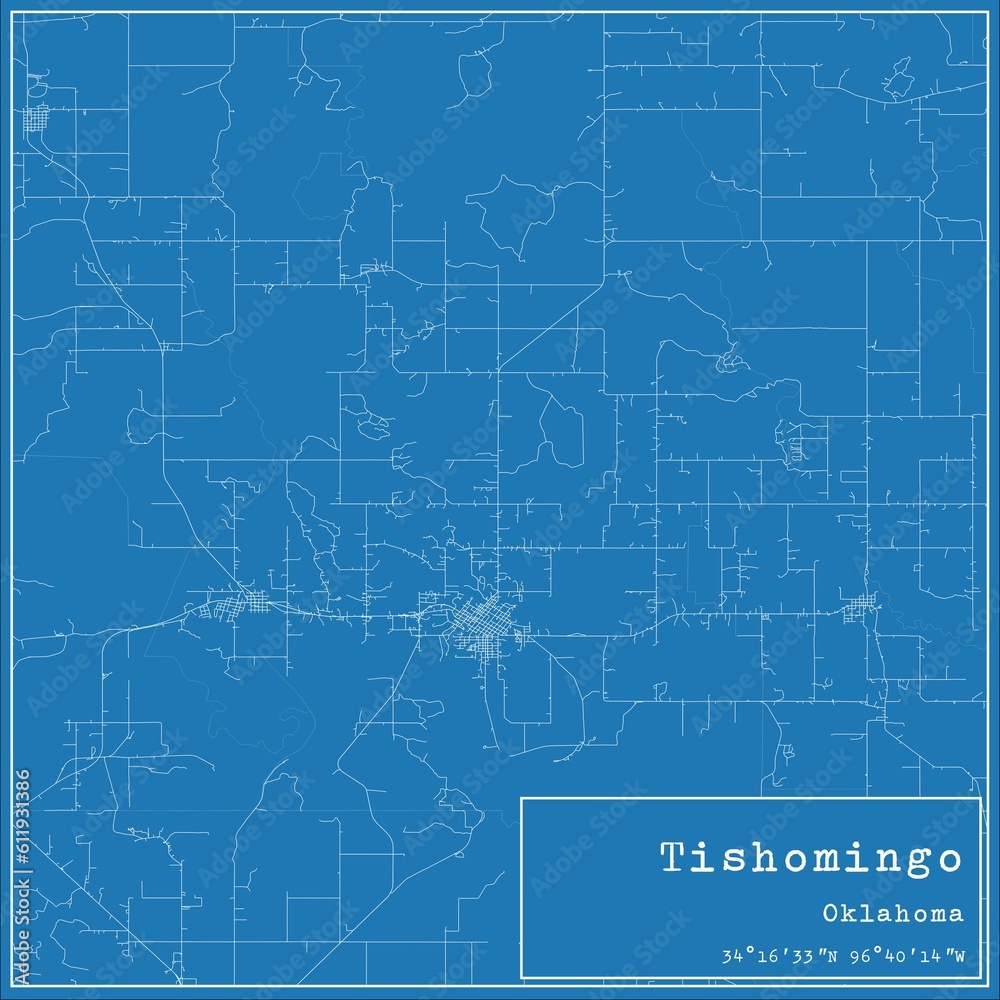 Blueprint US city map of Tishomingo, Oklahoma.