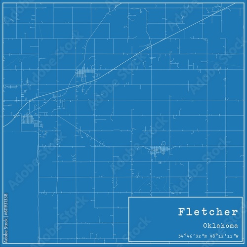 Blueprint US city map of Fletcher, Oklahoma. photo