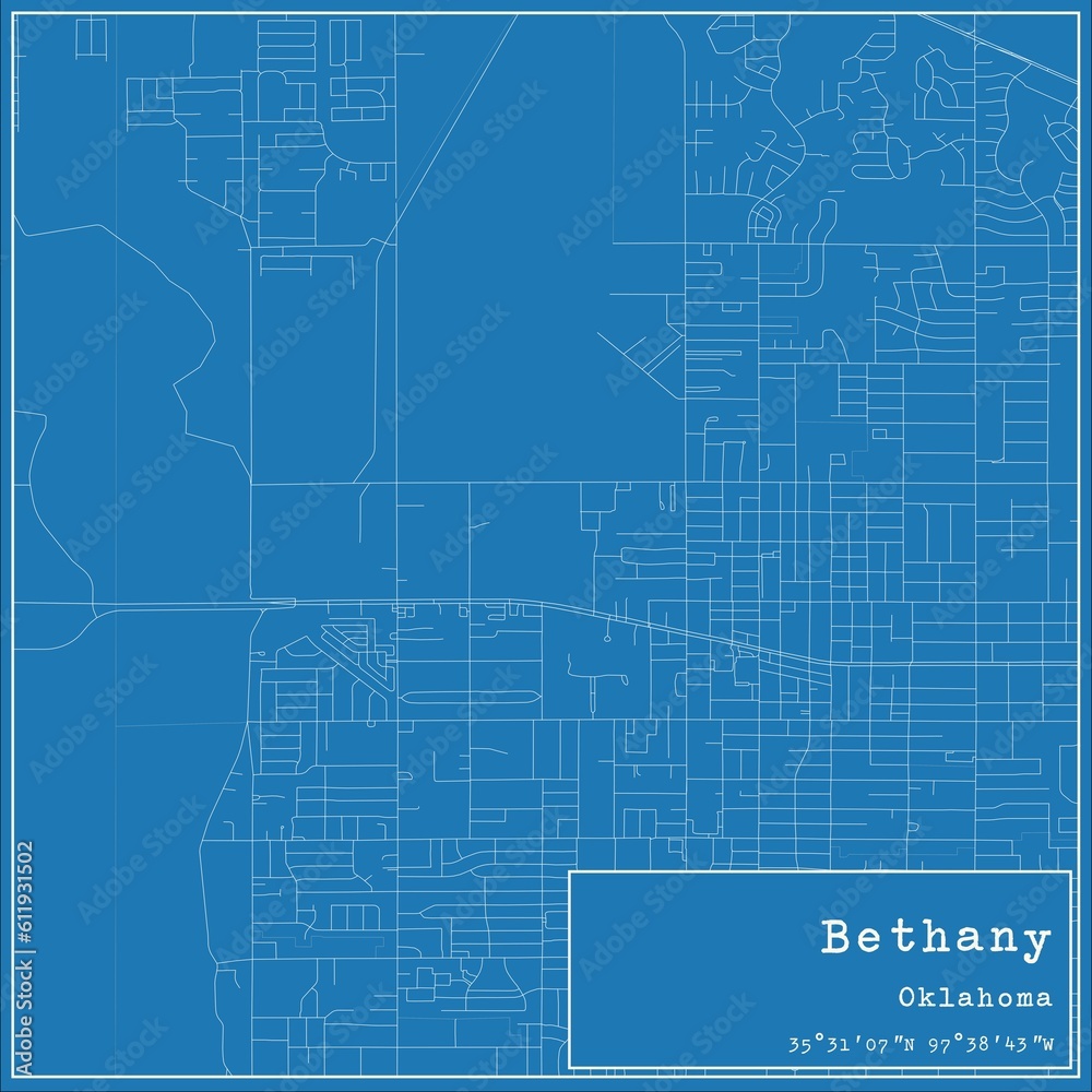 Fototapeta premium Blueprint US city map of Bethany, Oklahoma.