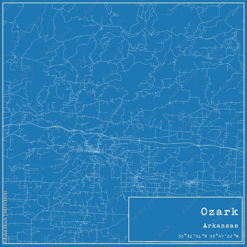 Blueprint US city map of Ozark, Arkansas.