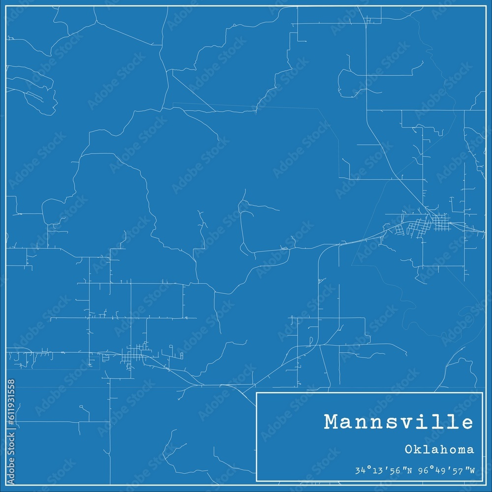 Blueprint US city map of Mannsville, Oklahoma.
