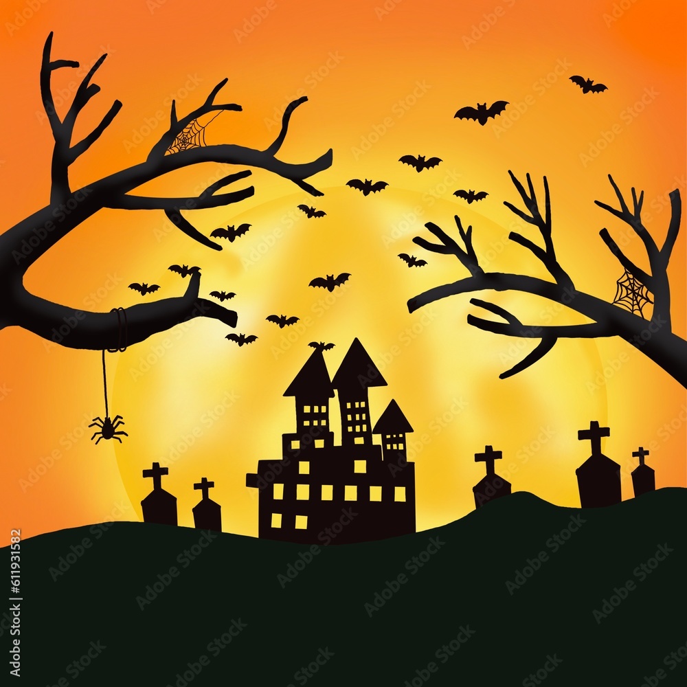 dead tree halloween holiday background black silhouette of bat, witch and haunted house on night sky background Stock Illustration