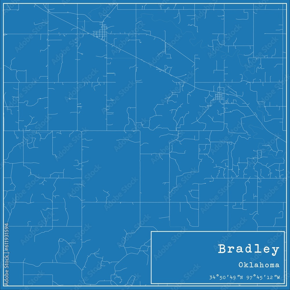Blueprint US city map of Bradley, Oklahoma.