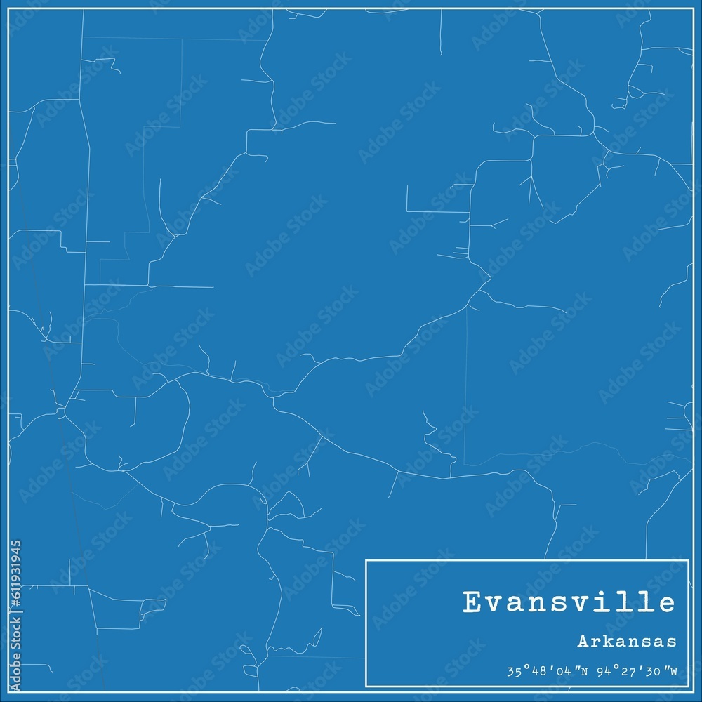Blueprint US city map of Evansville, Arkansas.