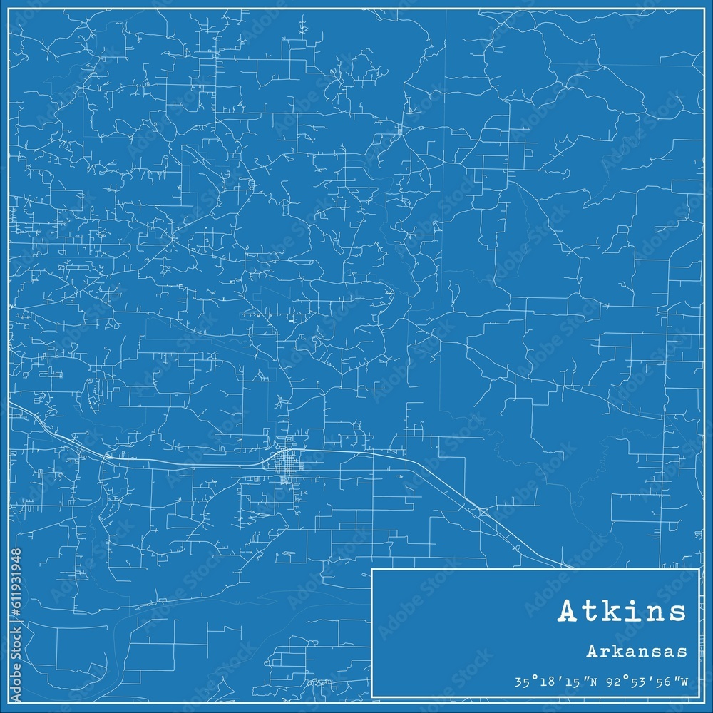 Blueprint US city map of Atkins, Arkansas.