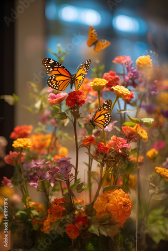 Butterflies fly over blossoming carnations by greenhouse window AI generative