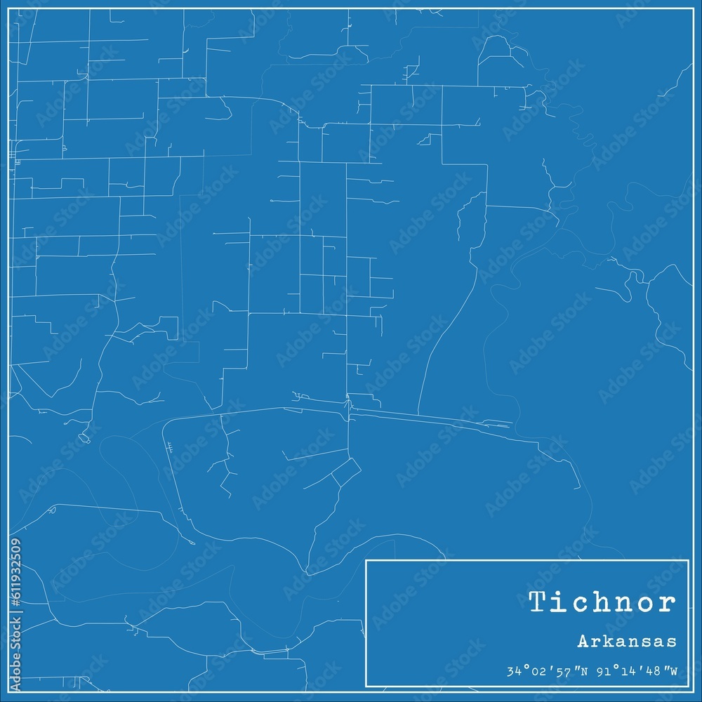 Blueprint US city map of Tichnor, Arkansas.