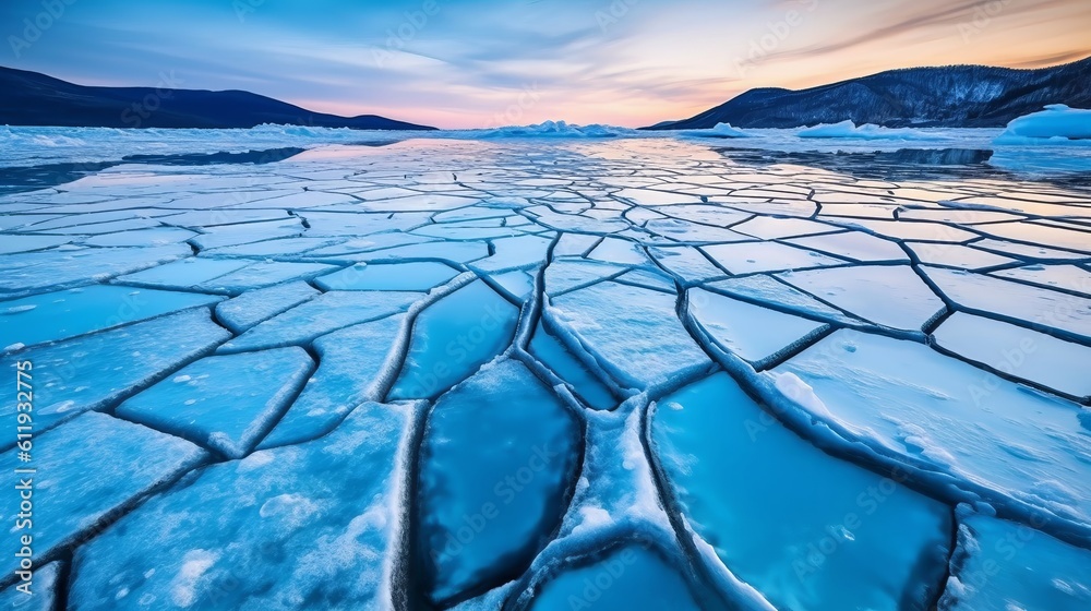 Cracks on the surface of blue ice. Frozen Lake Baikal. Generative AI ...