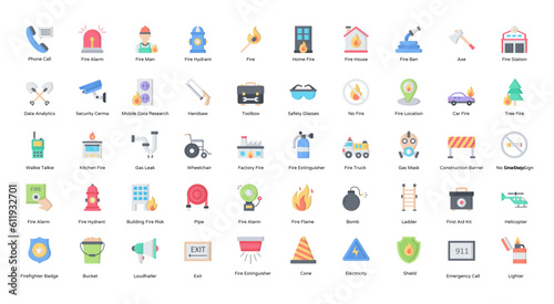 Fire Department Flat Icons Firefighter Icon Set in Color Style 50 Vector Icons
