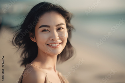 A beautiful Asian woman is standing on the beach and smiling. Photorealistic illustration of Generative AI.