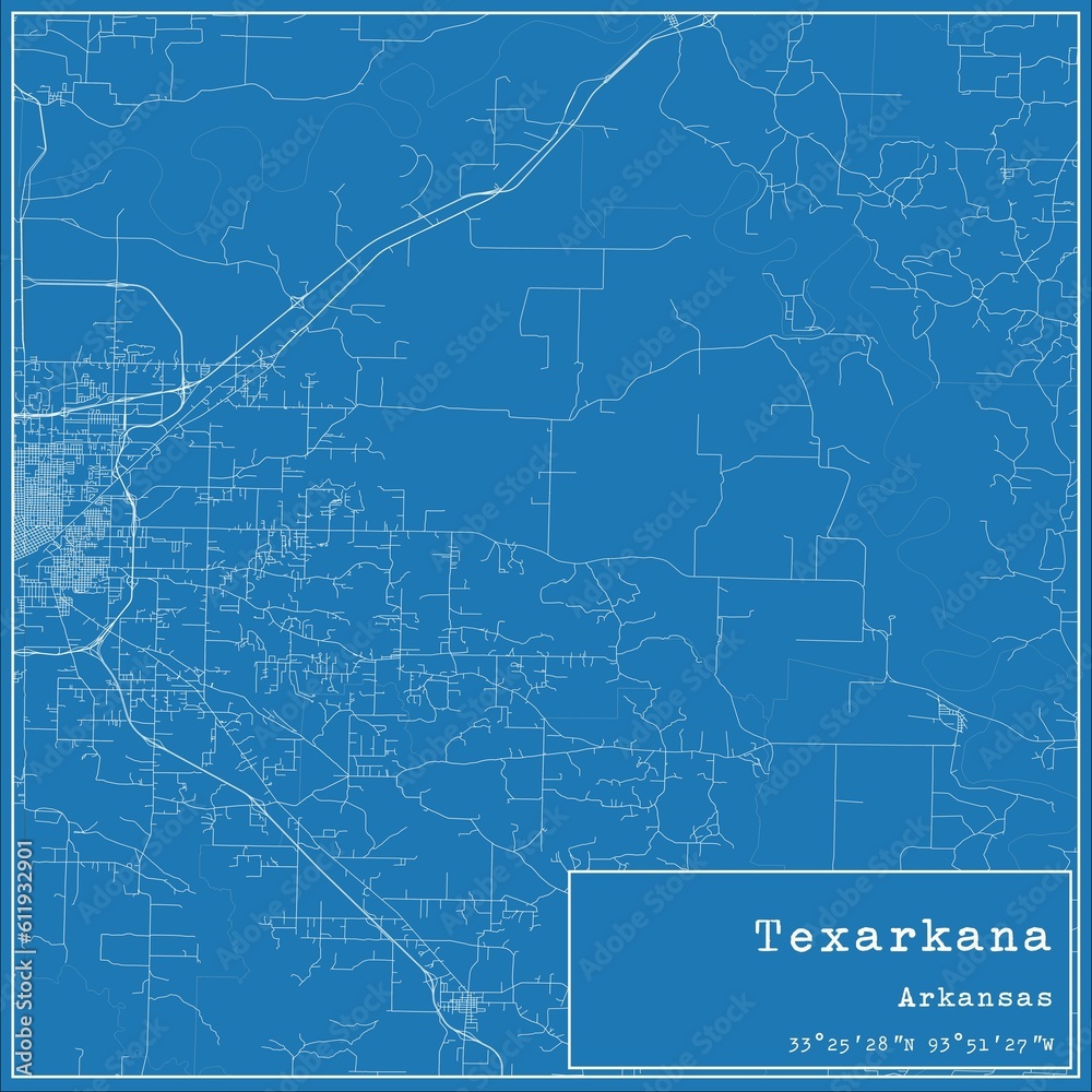 Blueprint US city map of Texarkana, Arkansas.