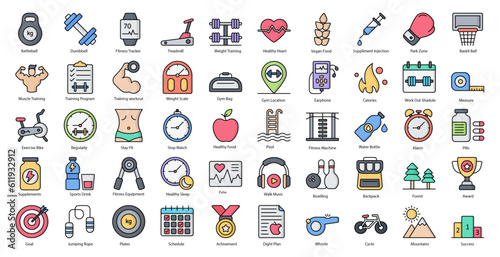 Fitness Line Color Icons Workout Healthy Weight Training Iconset in Filled Outline Style 50 Vector Icons