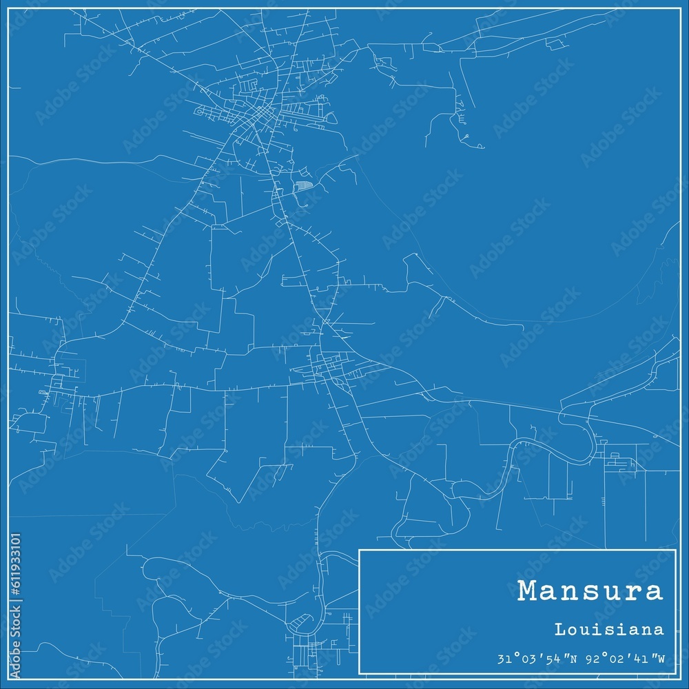 Blueprint US city map of Mansura, Louisiana.