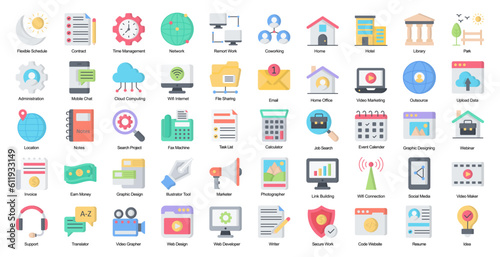 Freelancer Flat Icons Remote Work Icon Set in Color Style 50 Vector Icons
