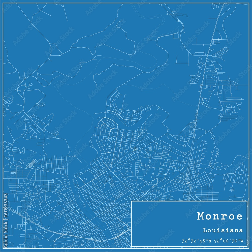 Blueprint US city map of Monroe, Louisiana.
