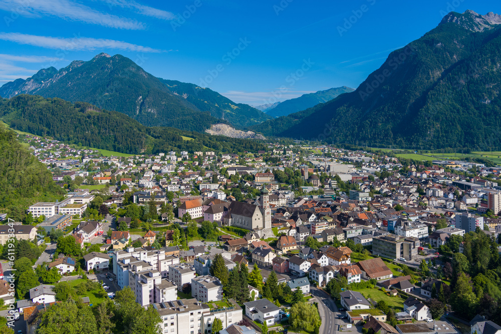 City of Bludenz in the Walgau Valley in the State of Vorarlberg, Austria. Drone Picture