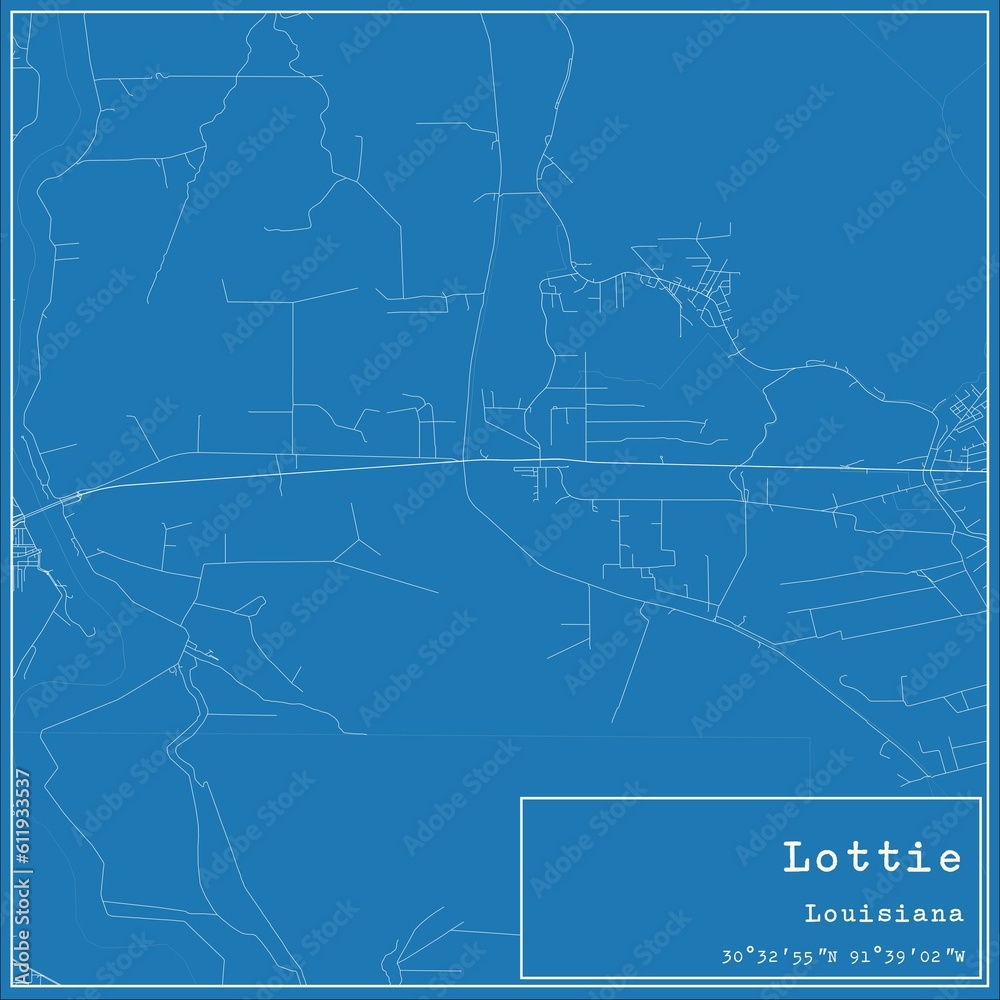 Blueprint US city map of Lottie, Louisiana.