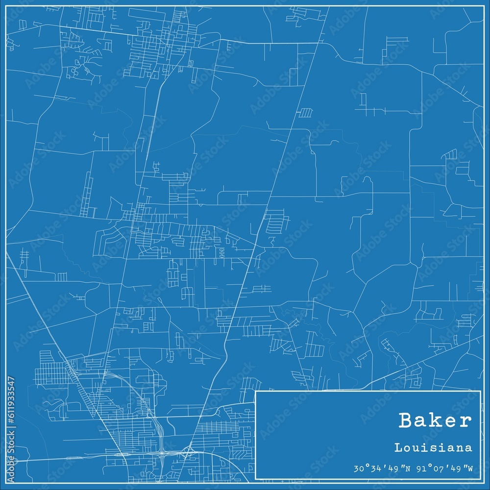 Blueprint US city map of Baker, Louisiana.