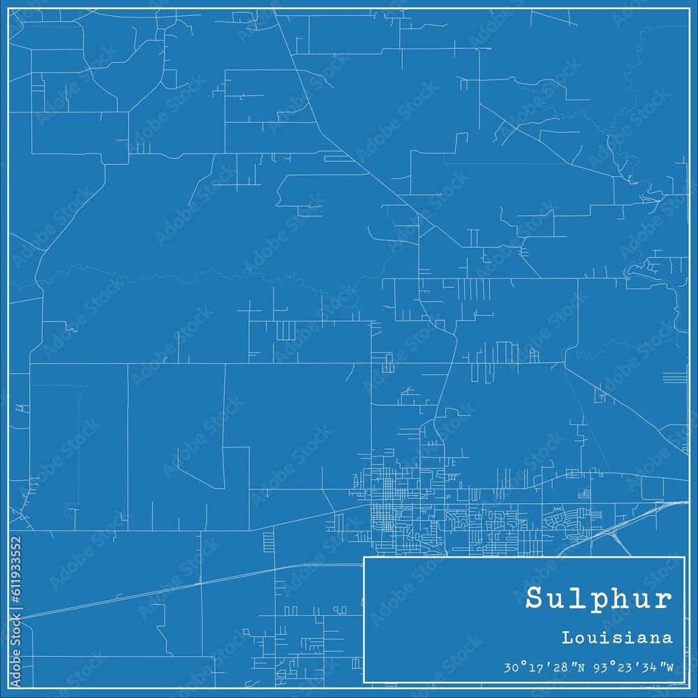 Blueprint US city map of Sulphur, Louisiana.