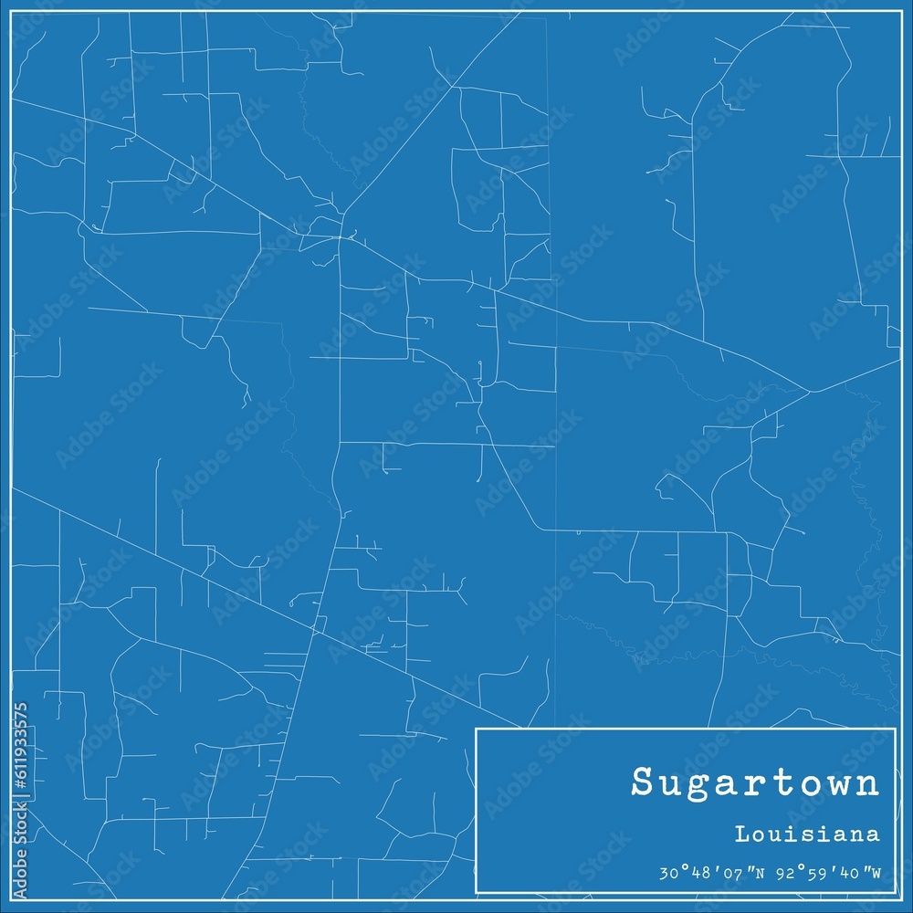 Blueprint US city map of Sugartown, Louisiana.