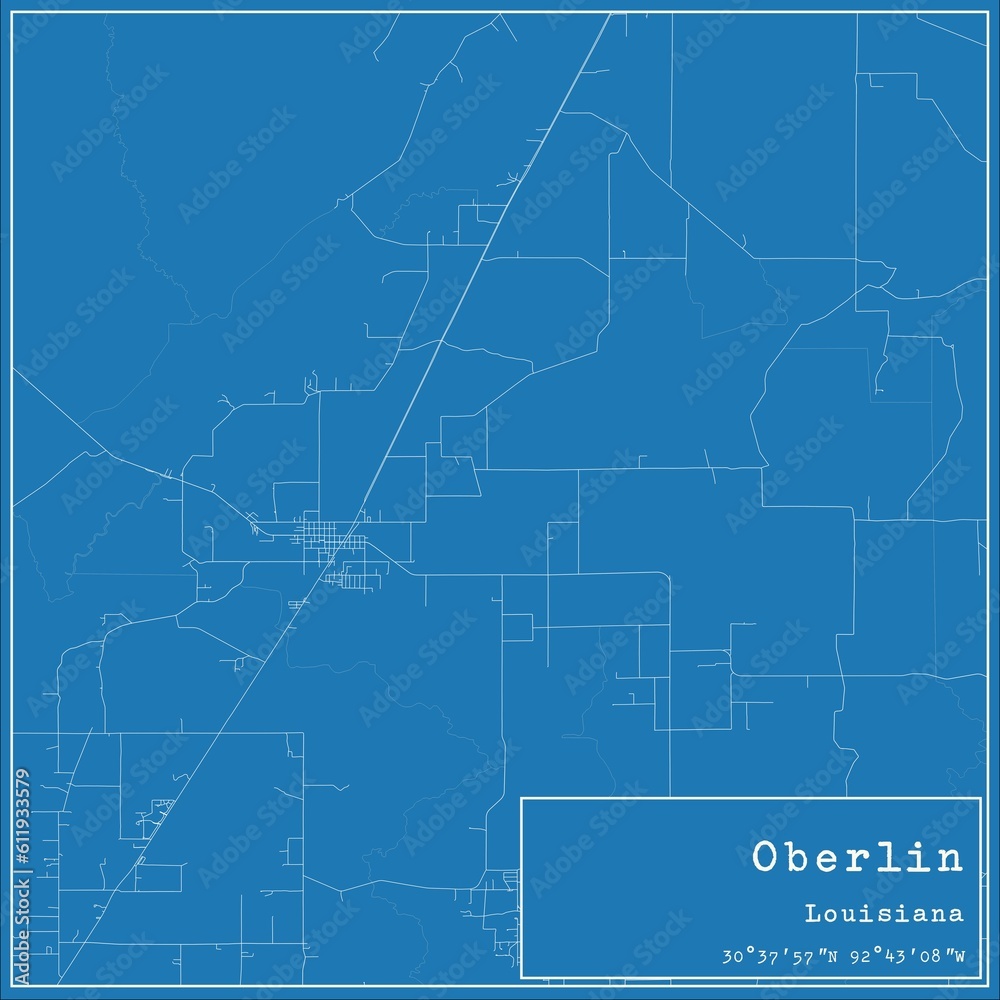 Blueprint US city map of Oberlin, Louisiana.