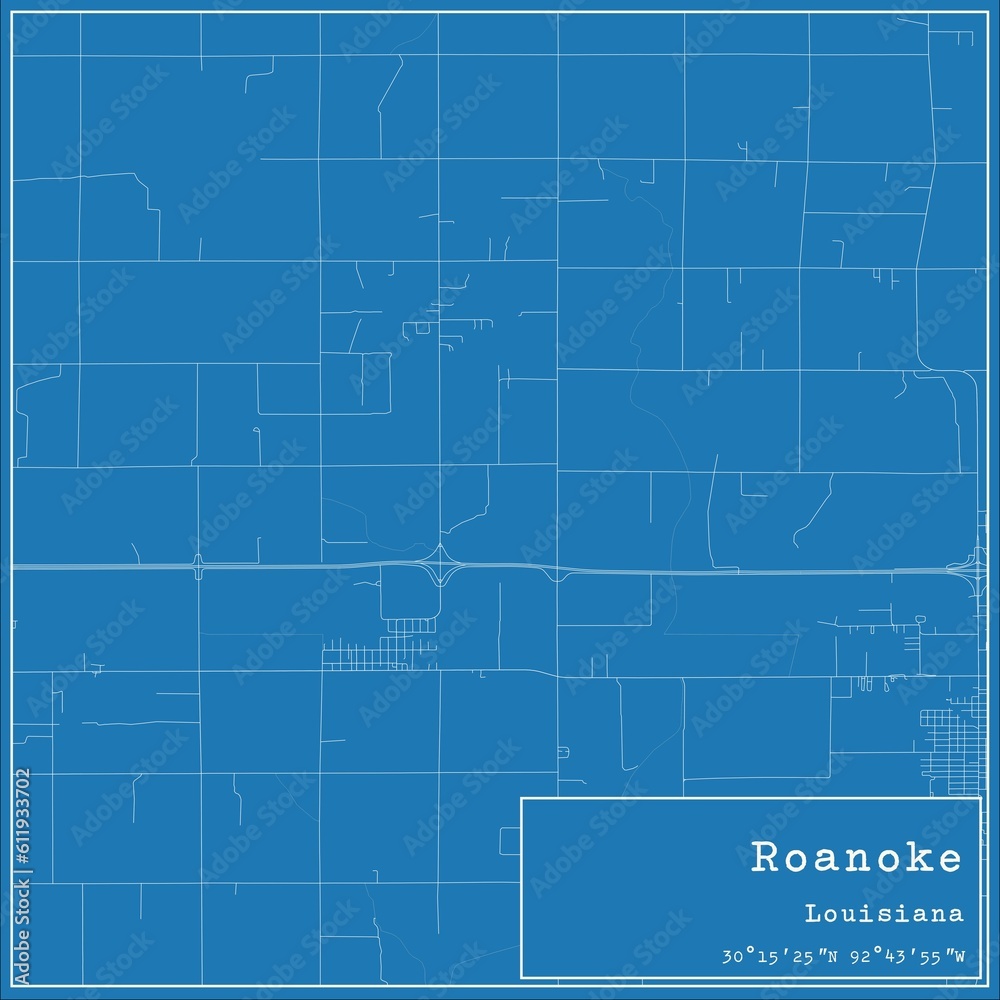 Blueprint US city map of Roanoke, Louisiana.