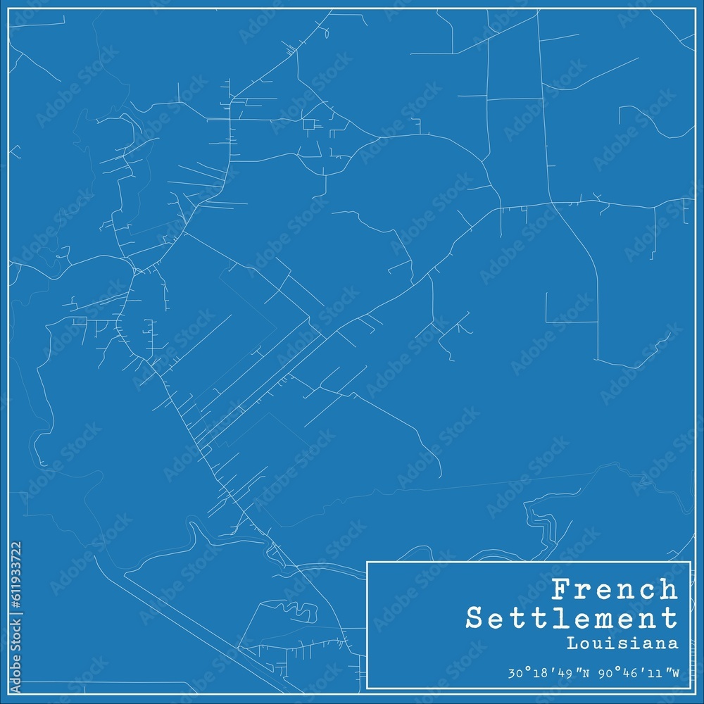Blueprint US city map of French Settlement, Louisiana.
