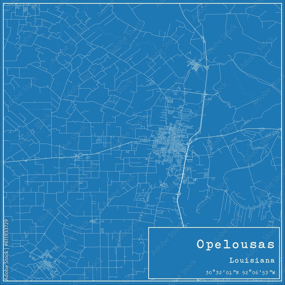 Blueprint US city map of Opelousas, Louisiana.