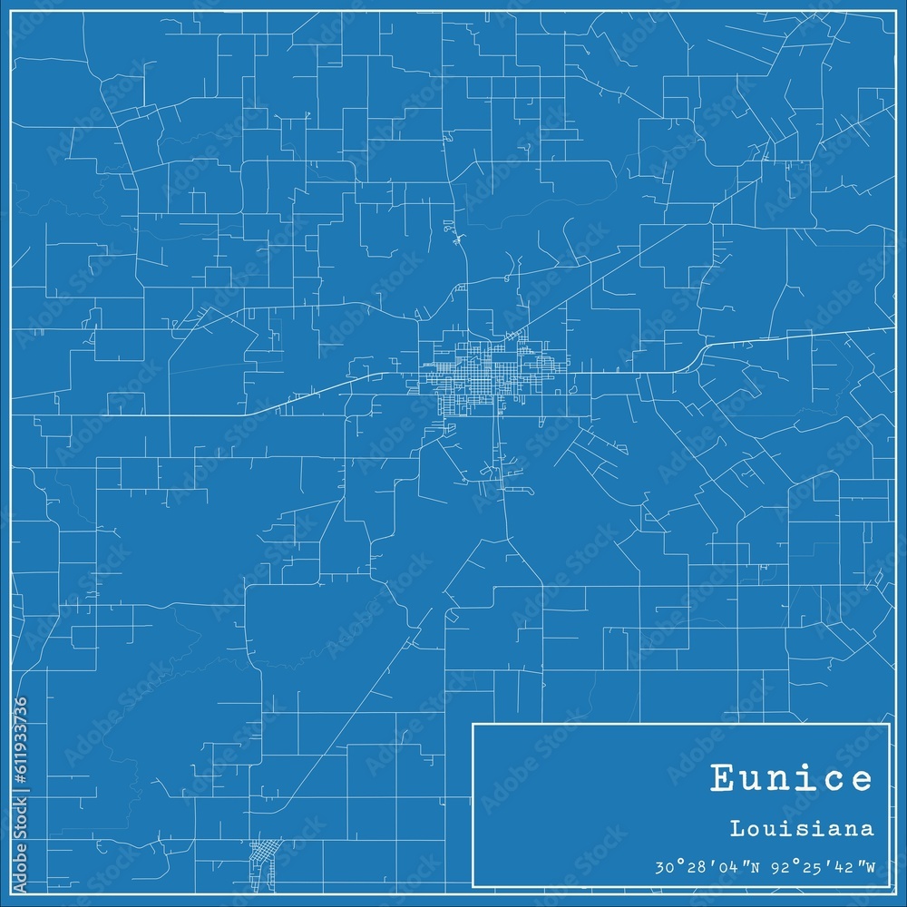 Blueprint US city map of Eunice, Louisiana.