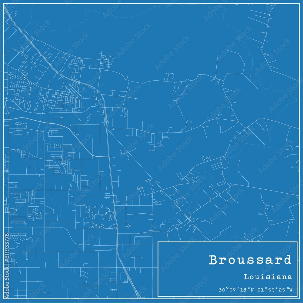 Blueprint US city map of Broussard, Louisiana.