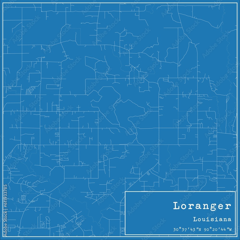 Blueprint US city map of Loranger, Louisiana.