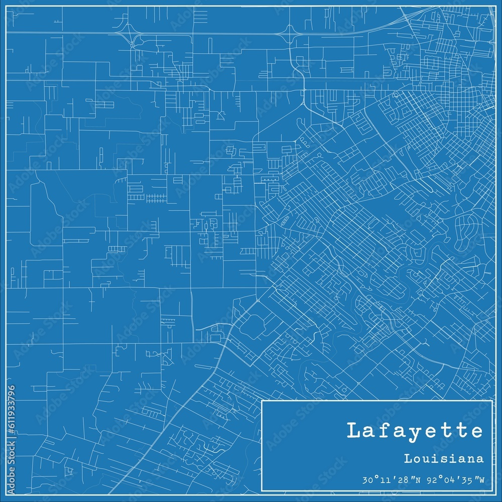 Blueprint US city map of Lafayette, Louisiana.