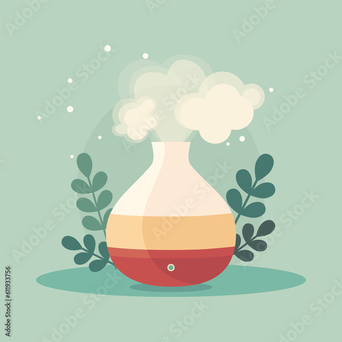 Electric essential oil diffuser with plants, aroma air humidifier for home incense, flat design, aromatherapy concept
