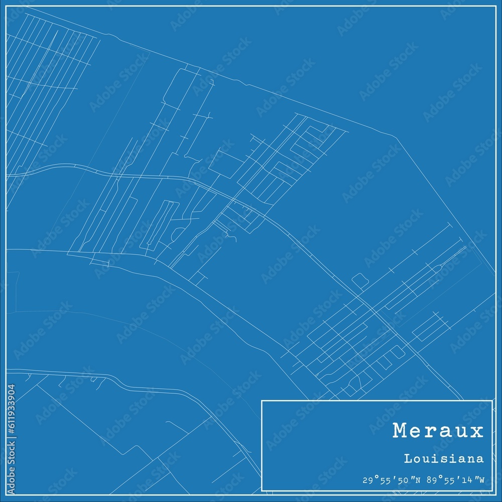 Blueprint US city map of Meraux, Louisiana.