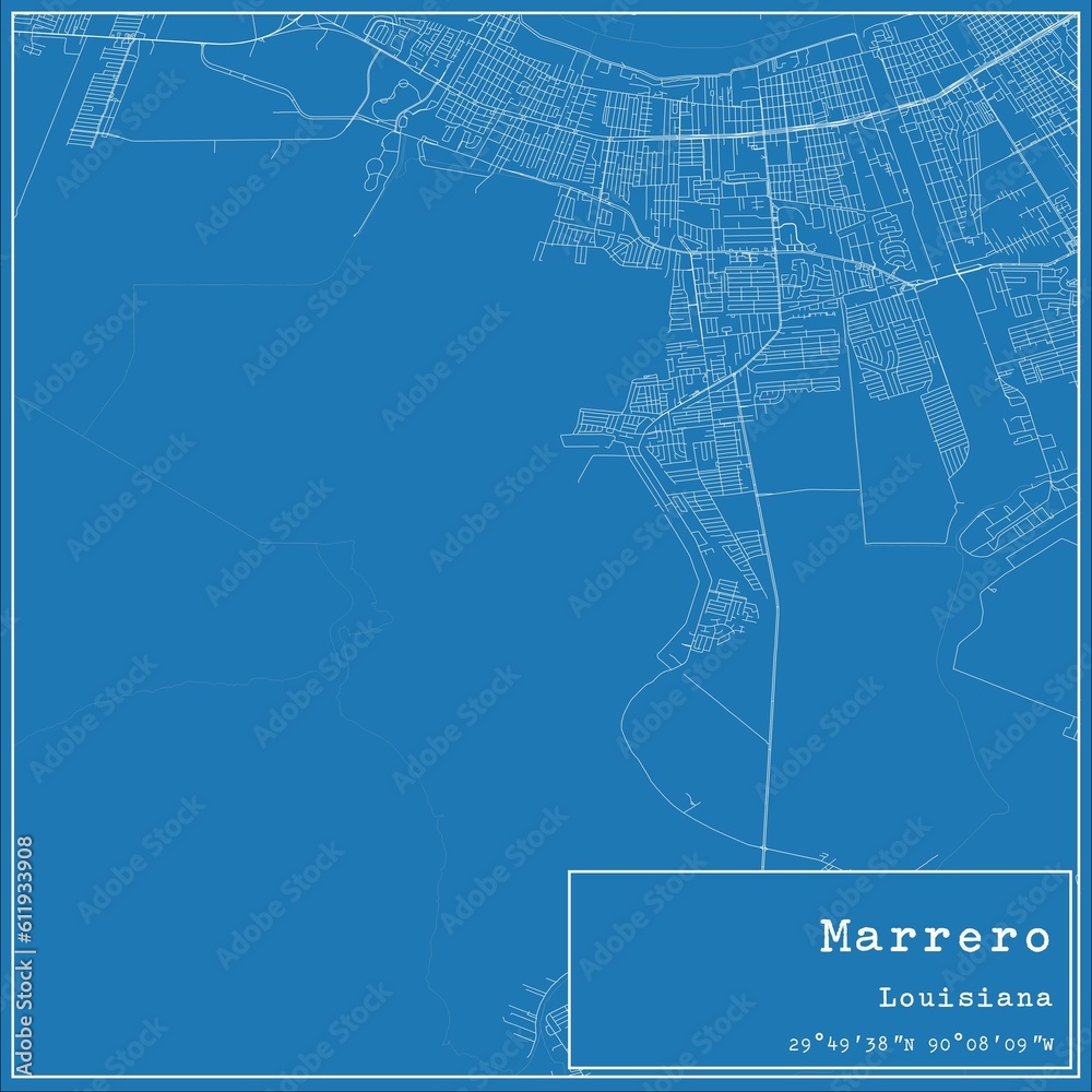 Blueprint US city map of Marrero, Louisiana.