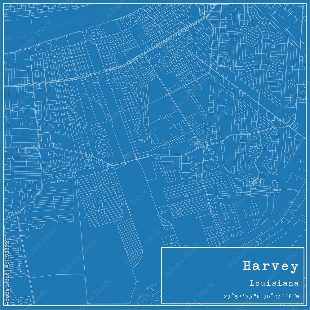 Blueprint US city map of Harvey, Louisiana.