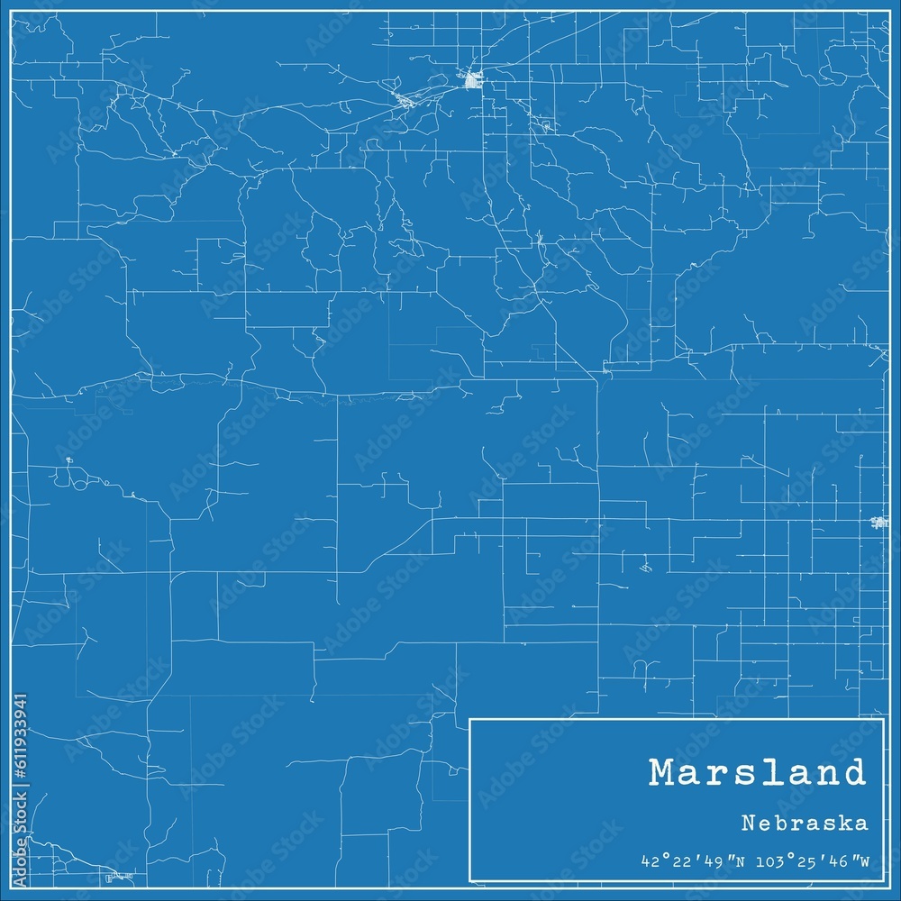 Blueprint US city map of Marsland, Nebraska.