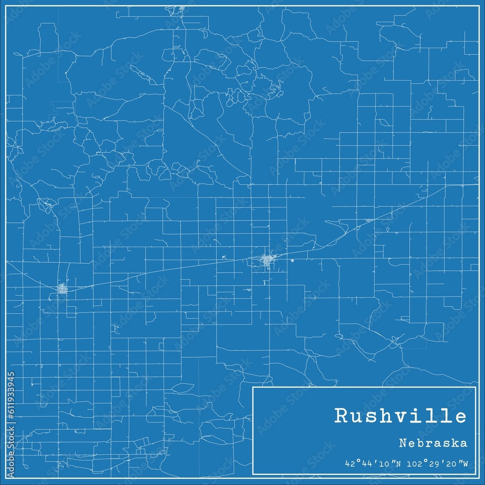 Blueprint US city map of Rushville, Nebraska.