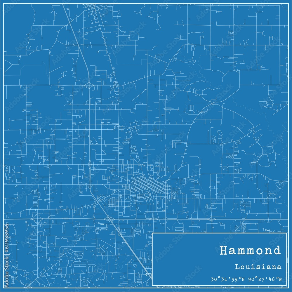 Blueprint US city map of Hammond, Louisiana.