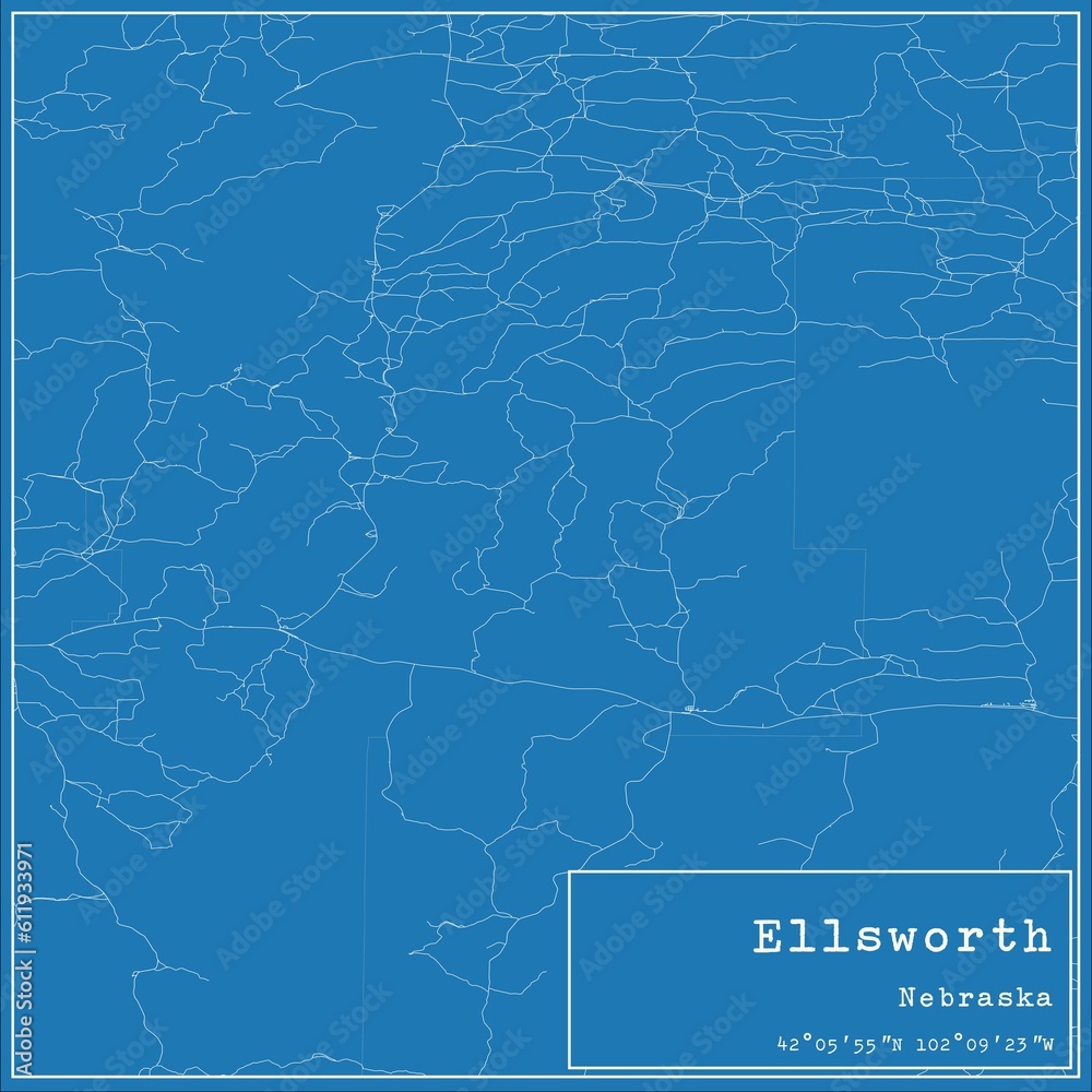 Blueprint US city map of Ellsworth, Nebraska.
