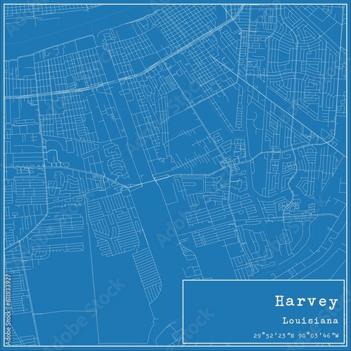 Blueprint US city map of Harvey, Louisiana.
