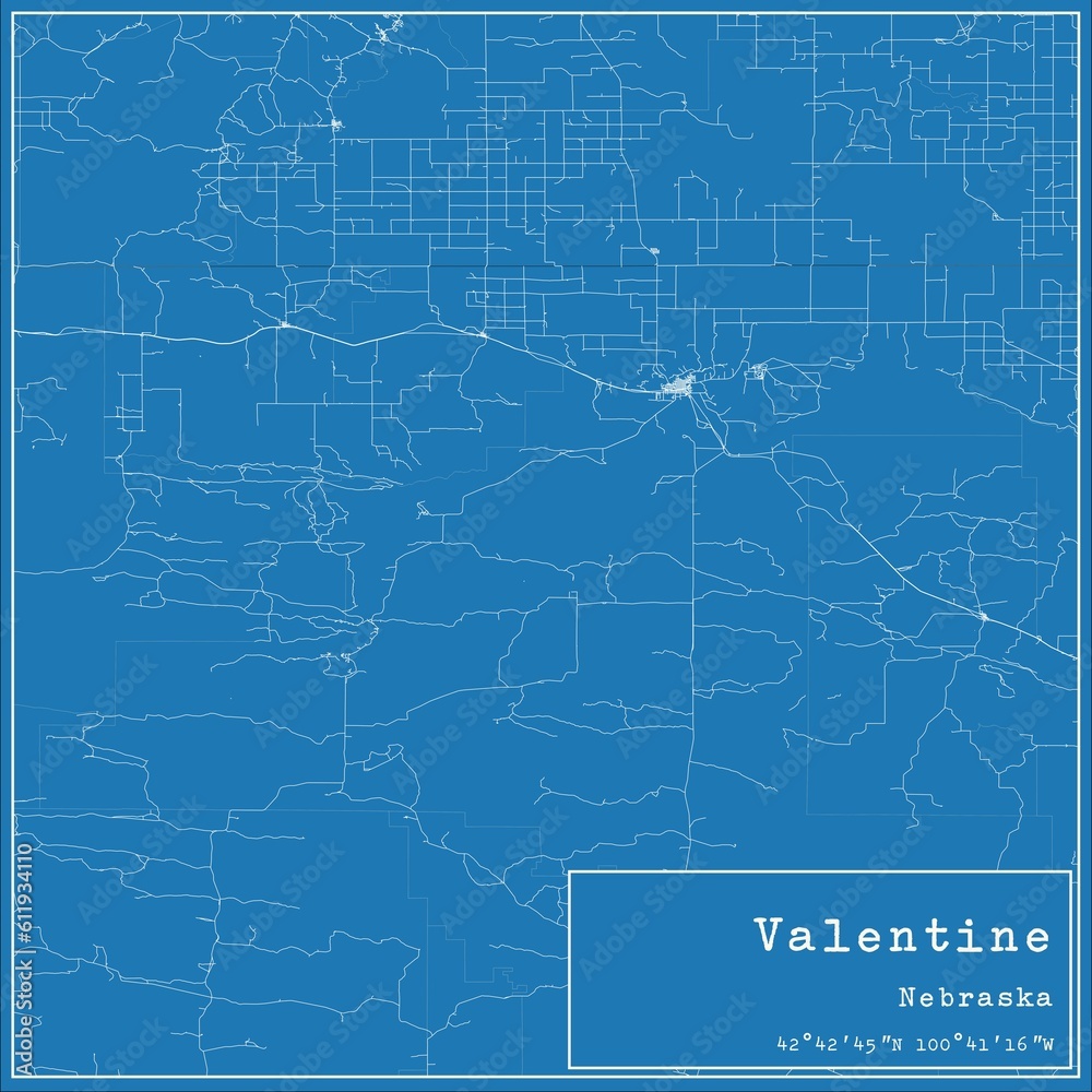 Blueprint US city map of Valentine, Nebraska.