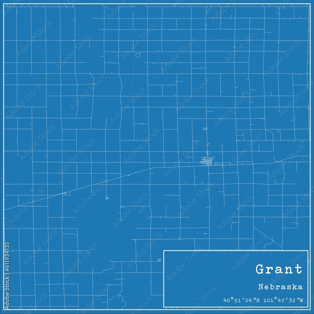 Blueprint US city map of Grant, Nebraska.