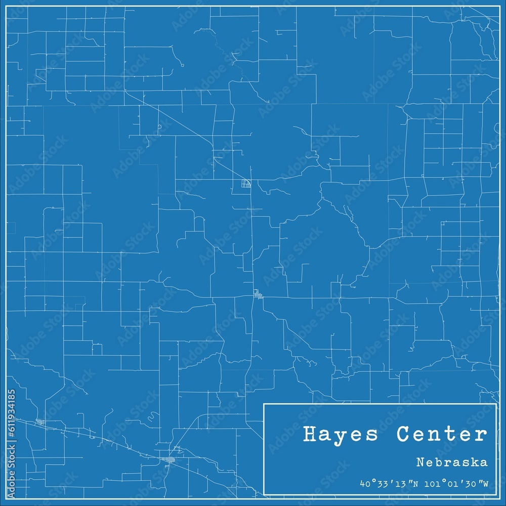 Blueprint US city map of Hayes Center, Nebraska.
