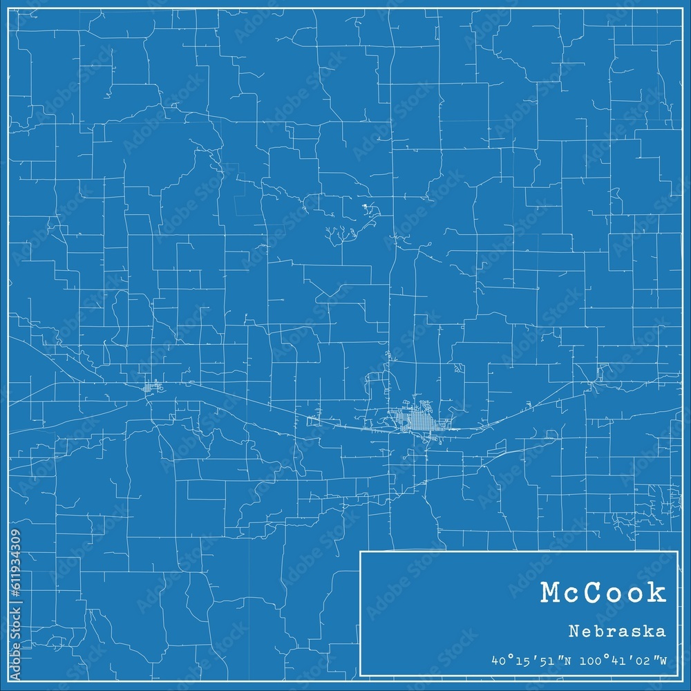 Blueprint US city map of McCook, Nebraska.
