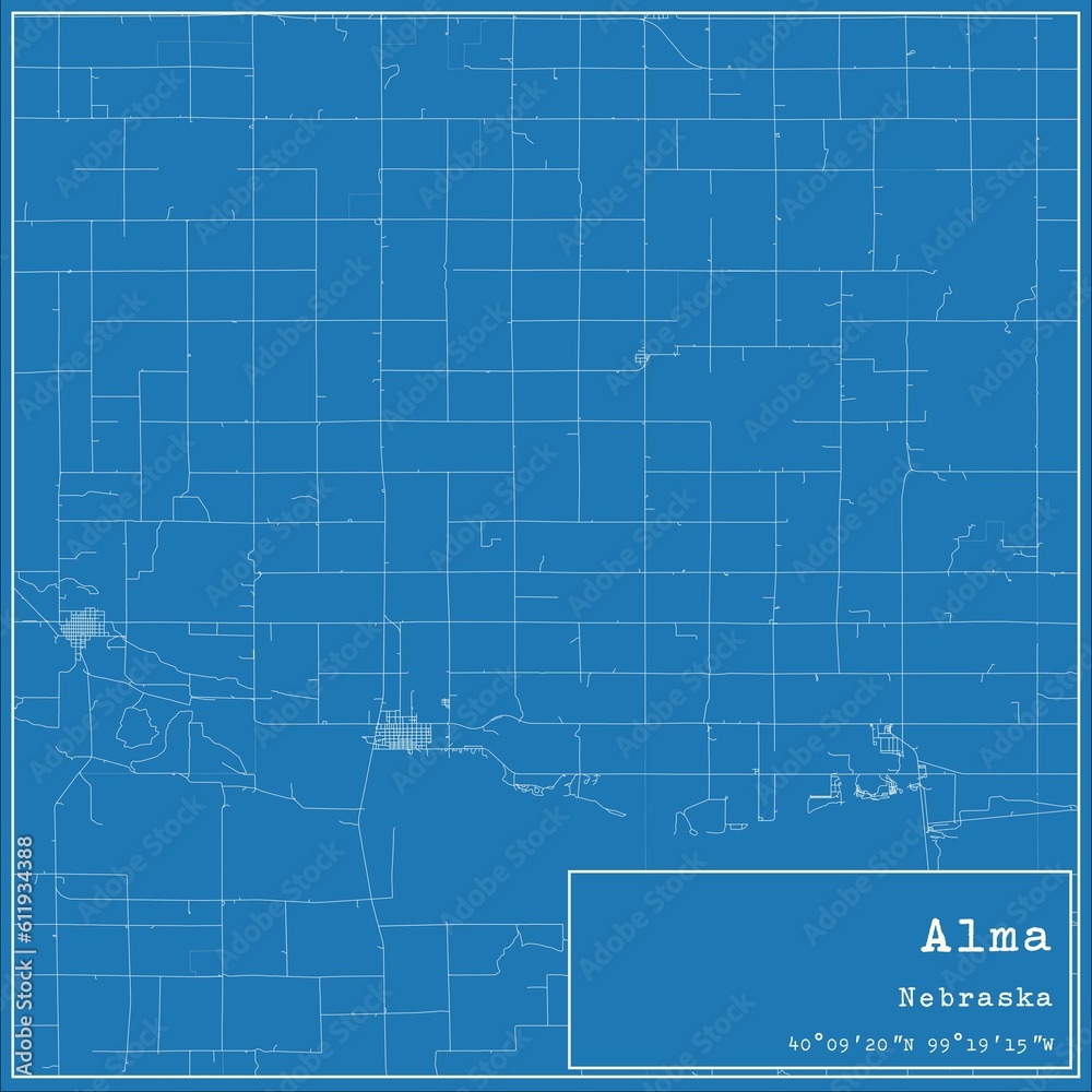 Blueprint US city map of Alma, Nebraska.